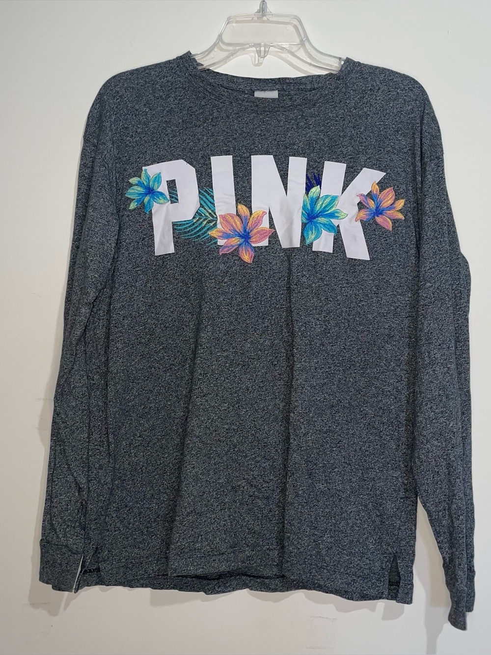 Victorias Secret PINK Grey Graphic Logo Embroidered Flower S Long Sleeve Tee